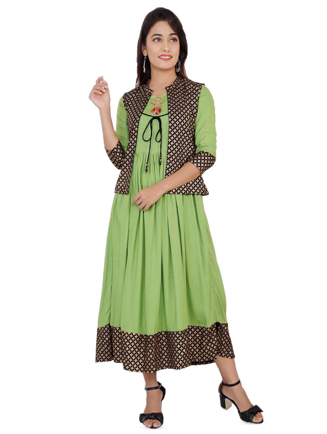solid flared kurta with foil printed jacket