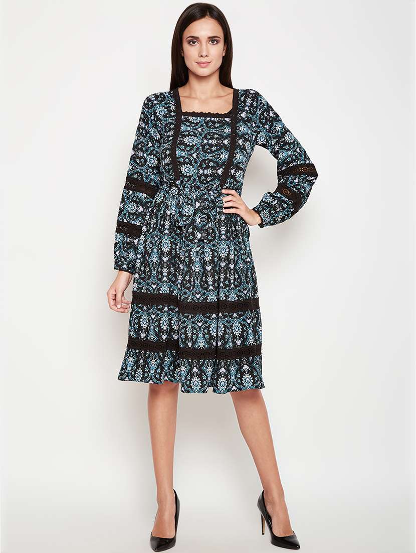 square neck lace inserted a-line dress