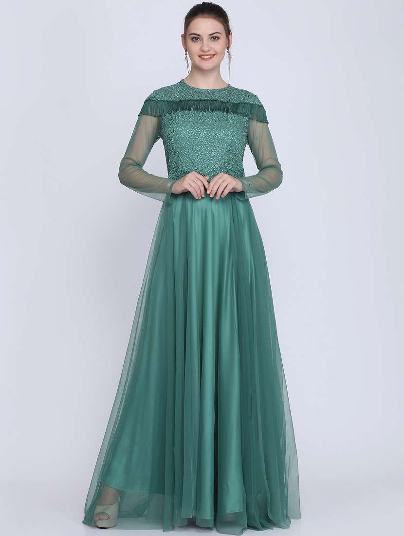 embroidered net fit & flare gown