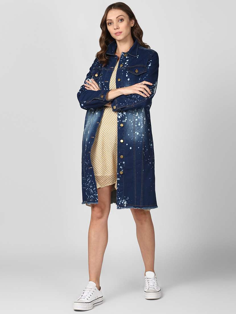 acid washed long denim jacket