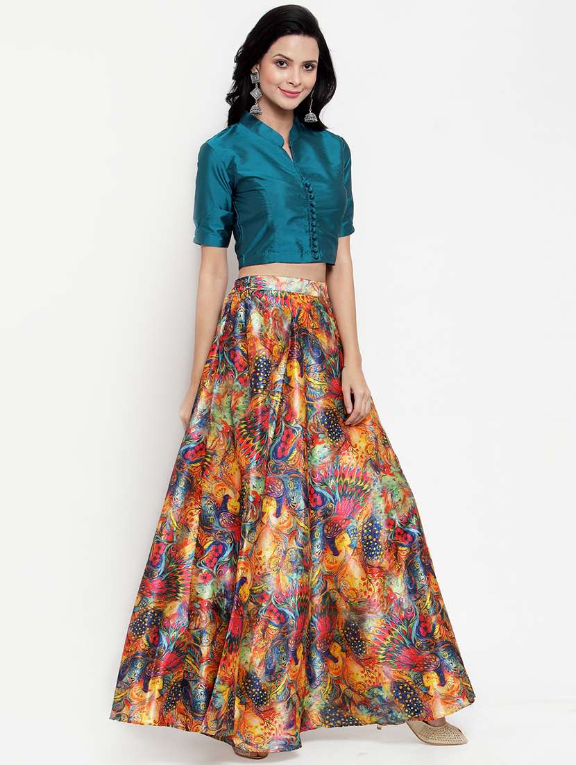 solid blouse with floral flared lehenga