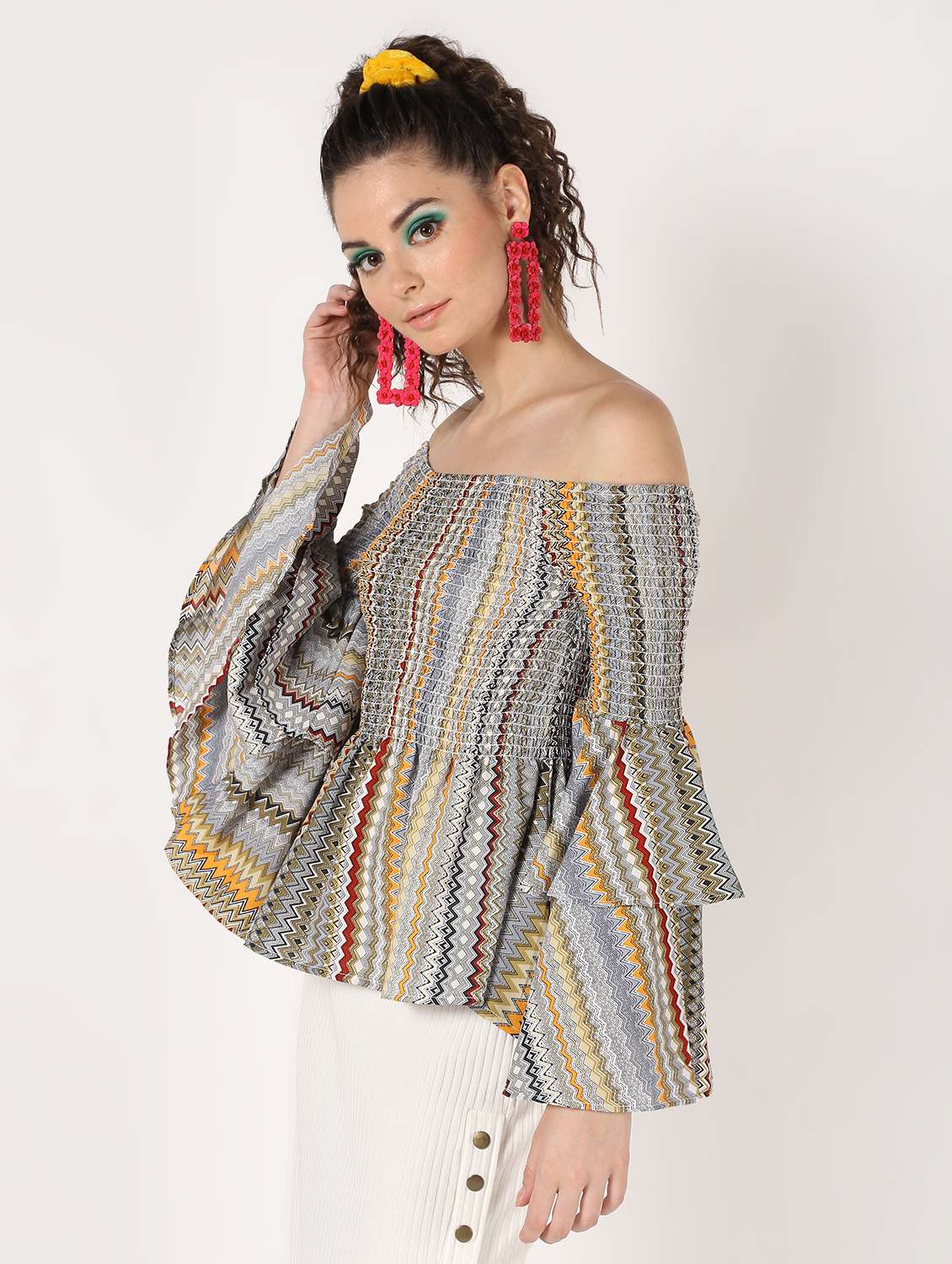 off shoulder asymmetric bell sleeved top