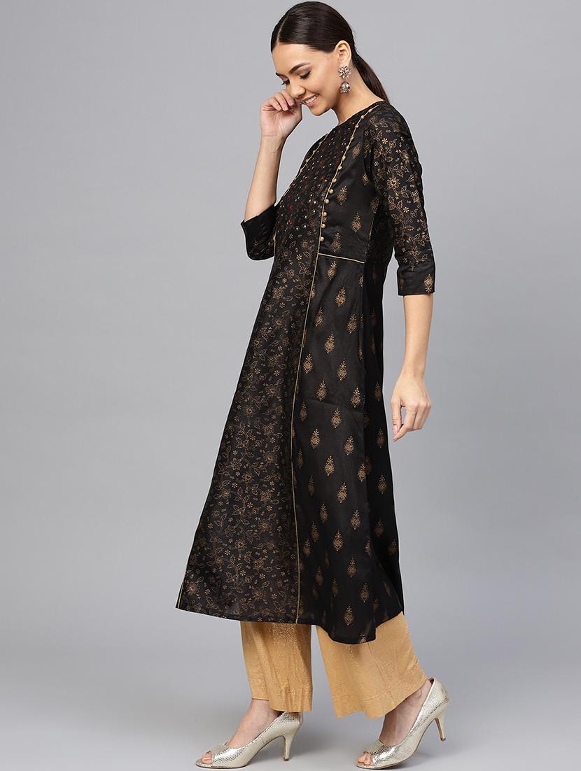 gold print a-line kurta - 16634736 -  Standard Image - 1