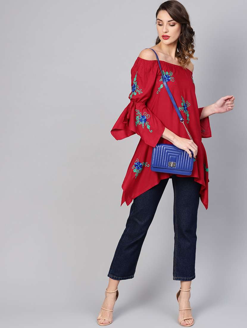 off shoulder embroidered asymmetric top 