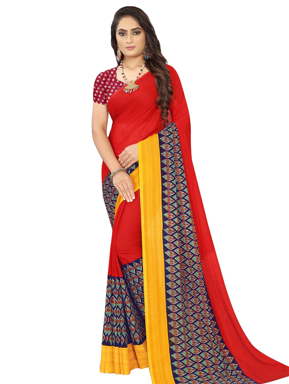 women's printed red colored saree with blouse