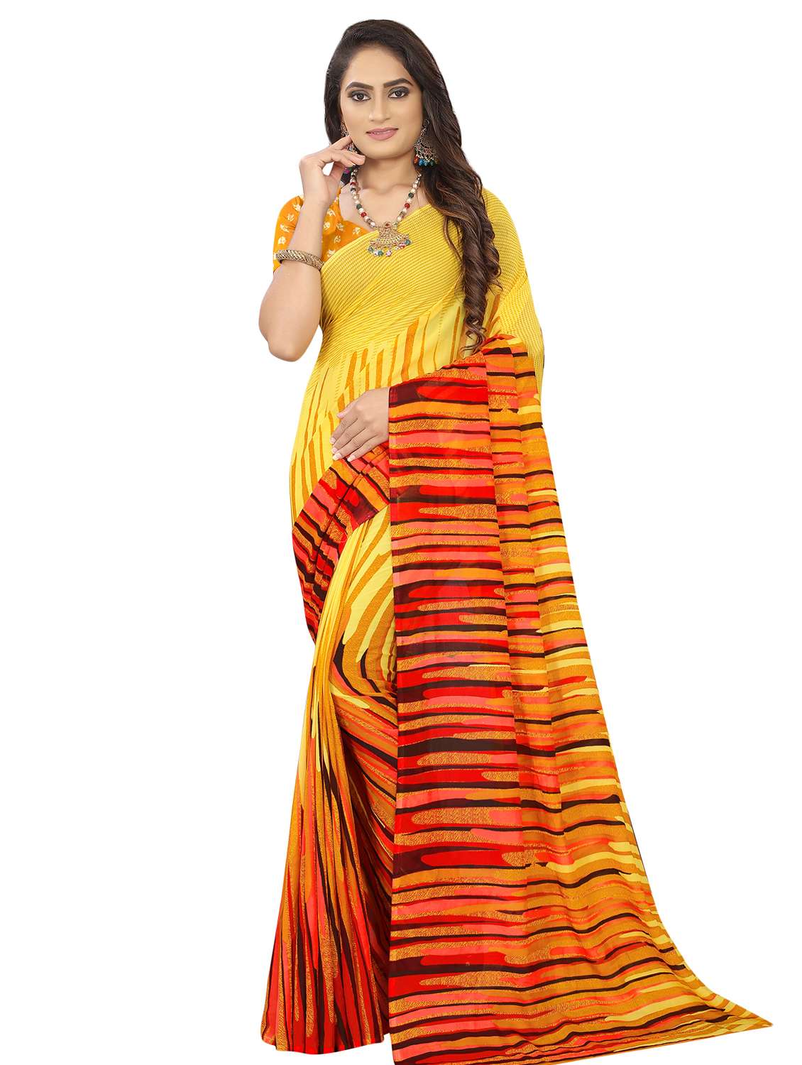 women's stripes yellow colored saree with blouse