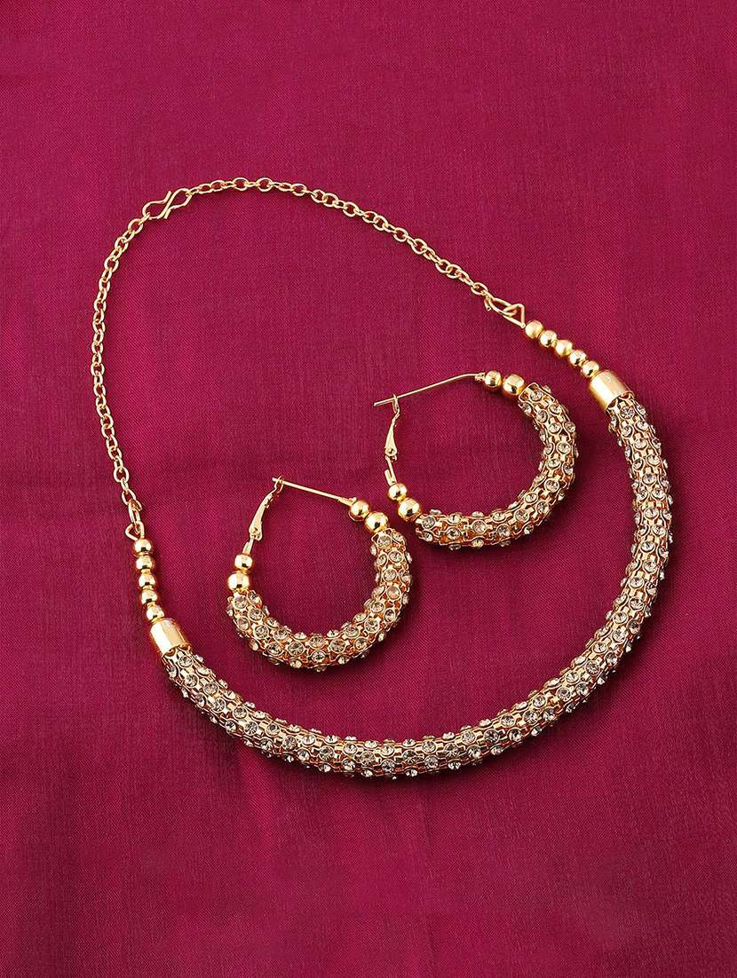 gold metal necklaces and earring