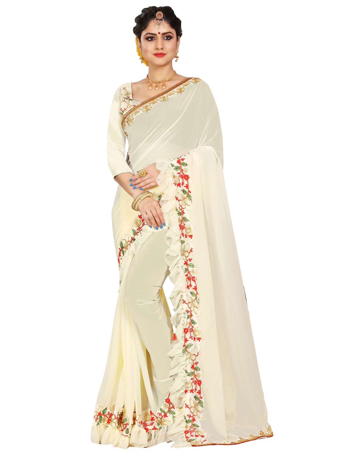 embroidered ruffle saree with blouse