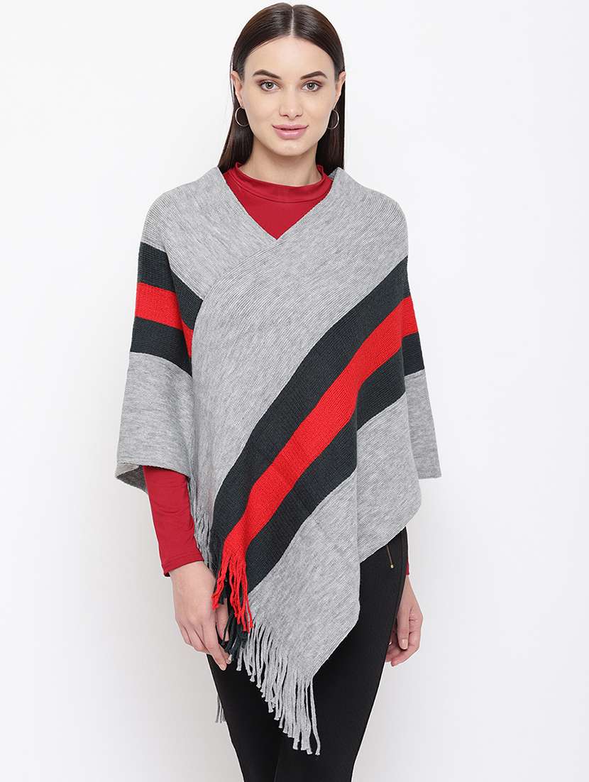 fringed hem striped poncho