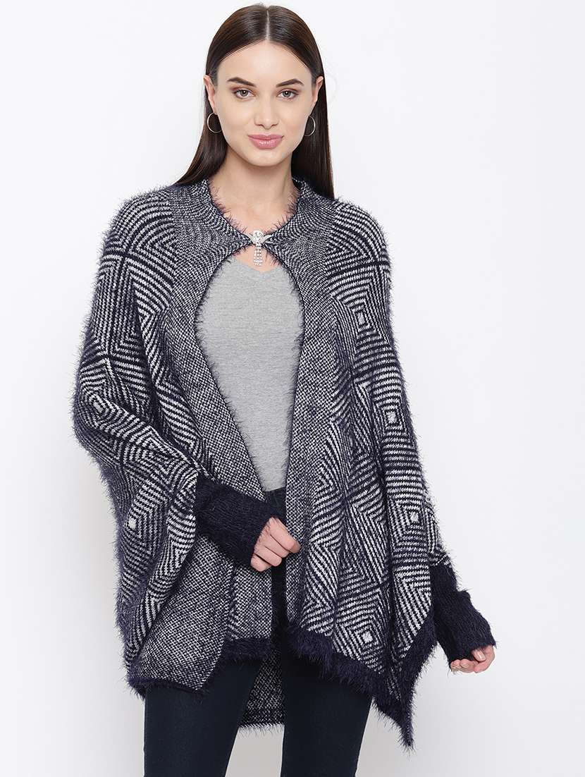 fringed hem broach detail geometric poncho