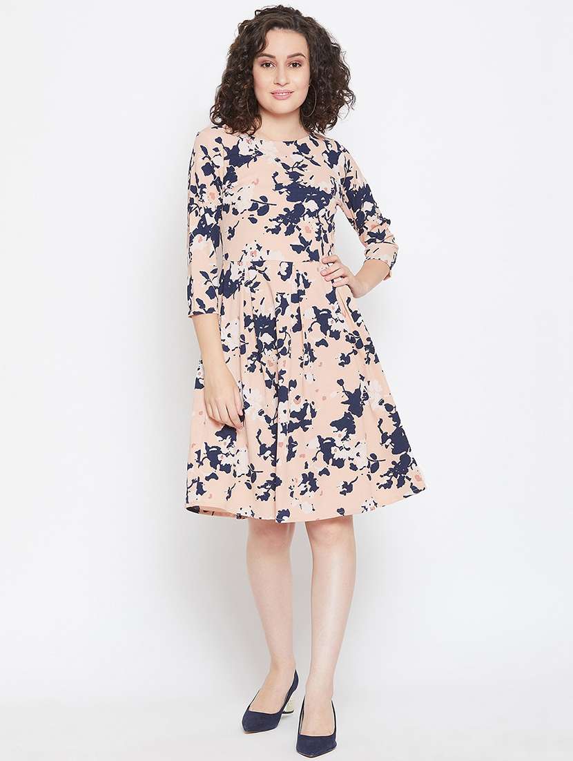 boat neck floral flared dress