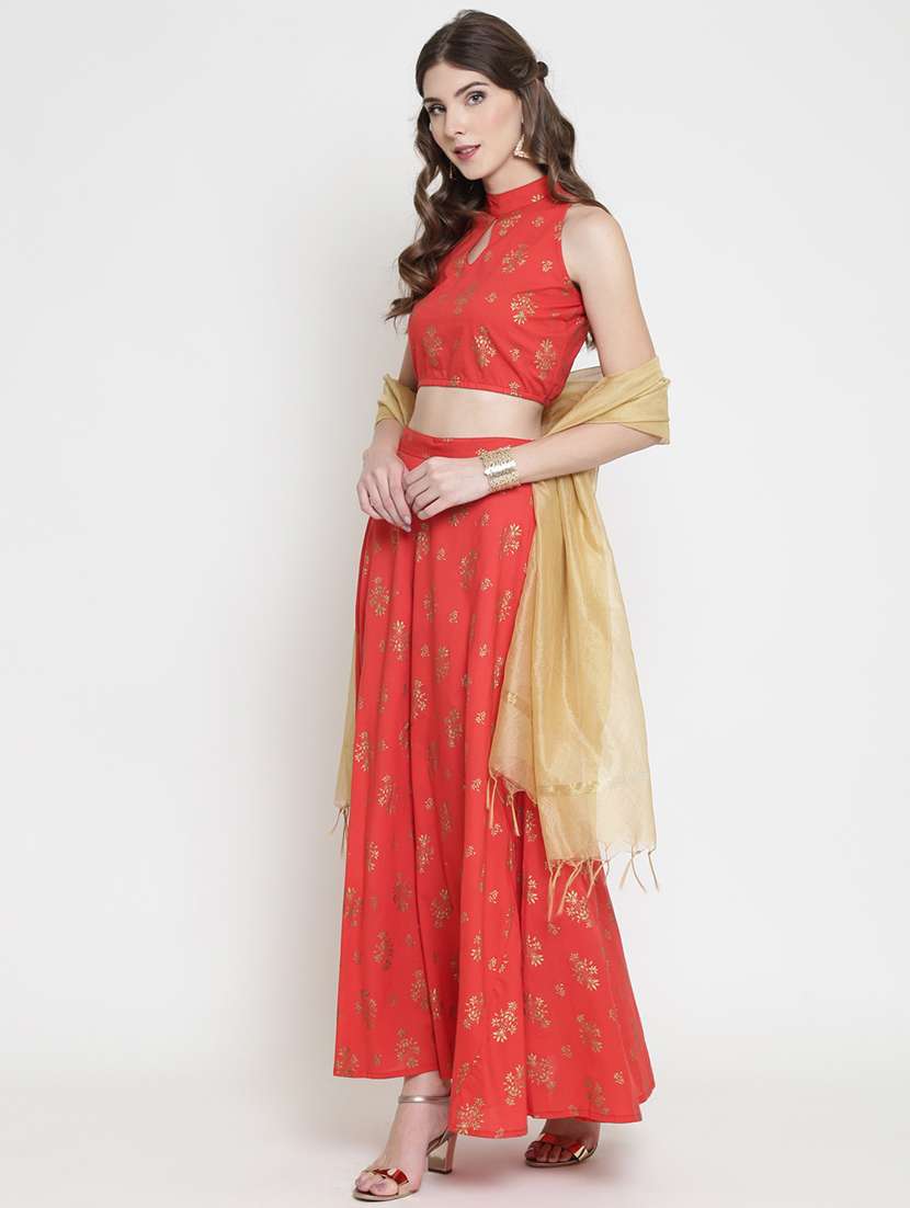 Foil Print Flared Skirt Top Set 