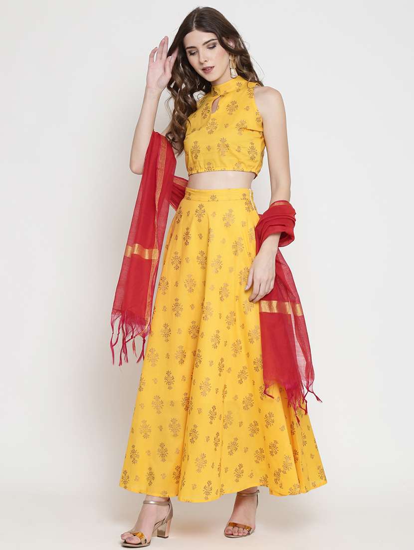 foil print flared skirt top set 