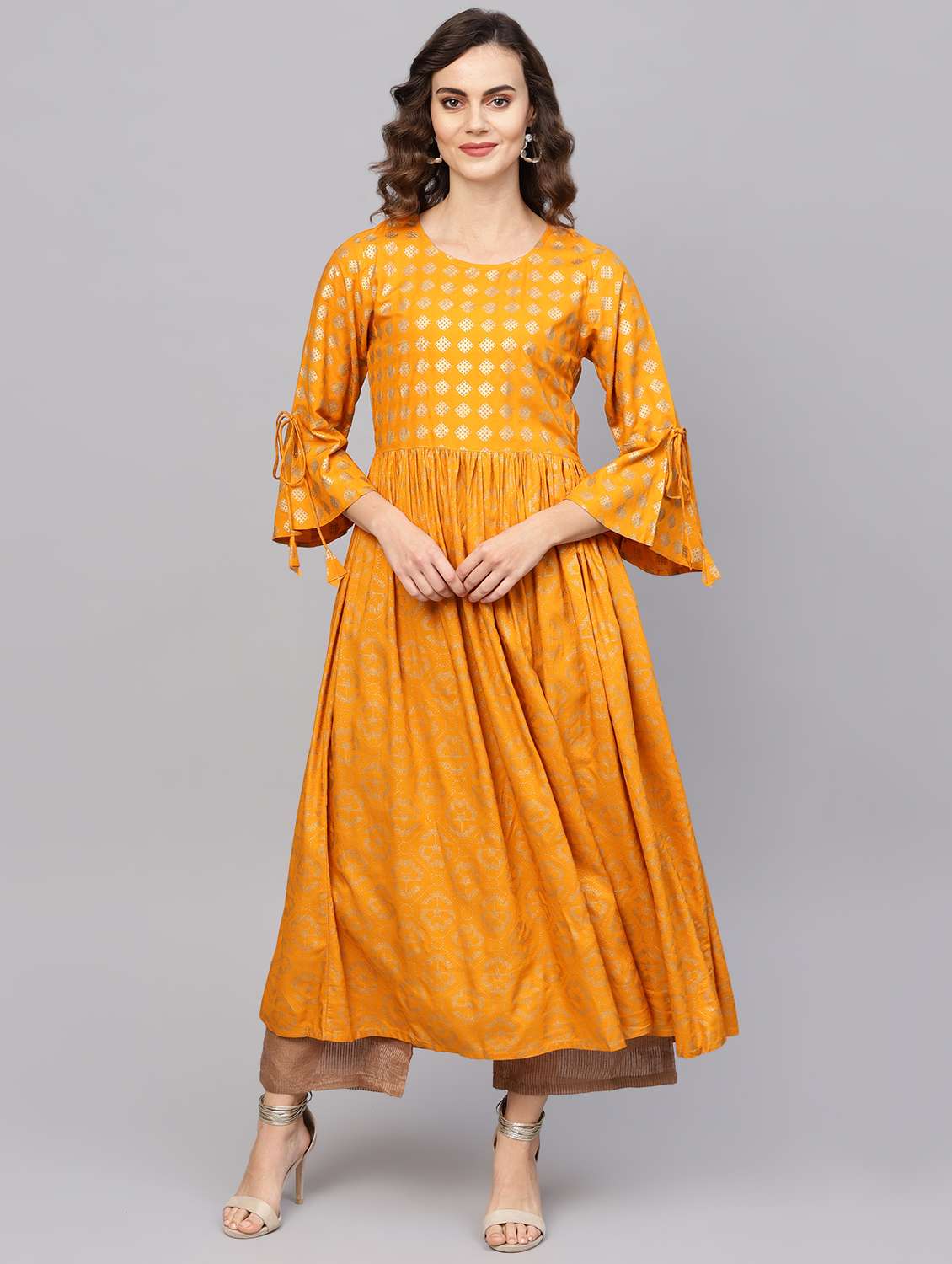 bell sleeves foil print flared kurta 
