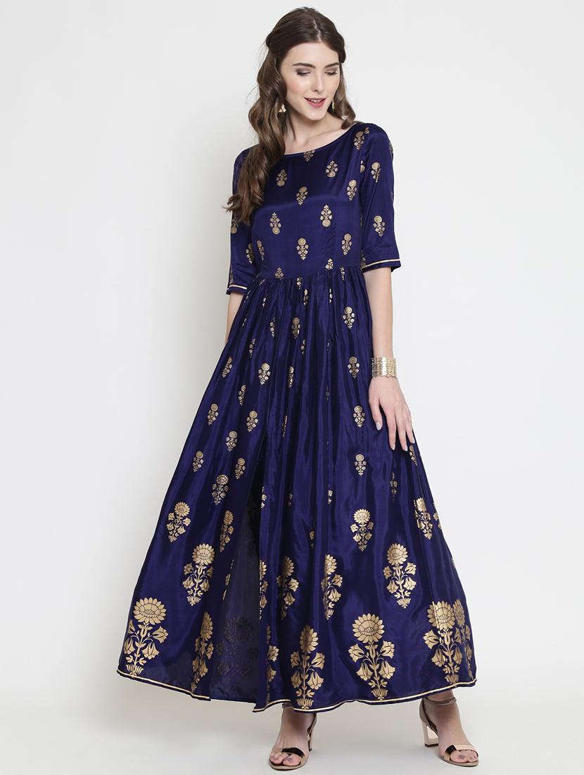 foil printed flared ethnic dress - 16659221 -  Standard Image - 1