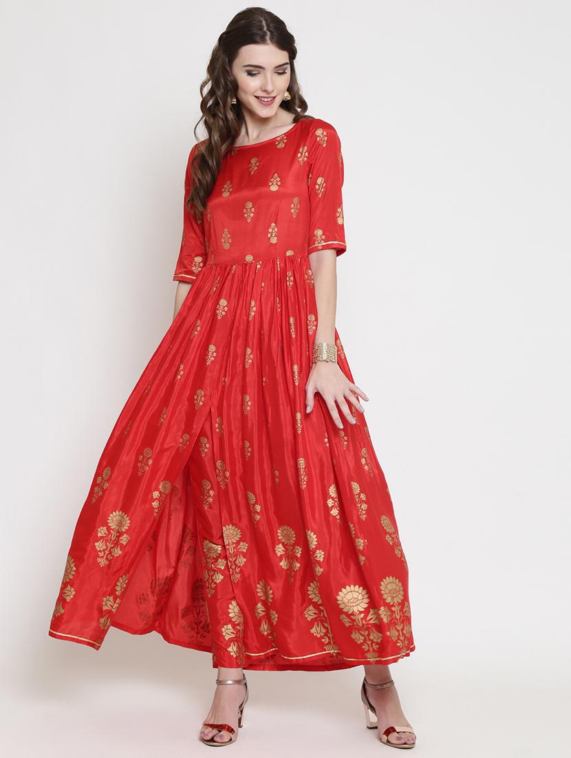 foil printed flared ethnic dress - 16659222 - Standard Image - 1