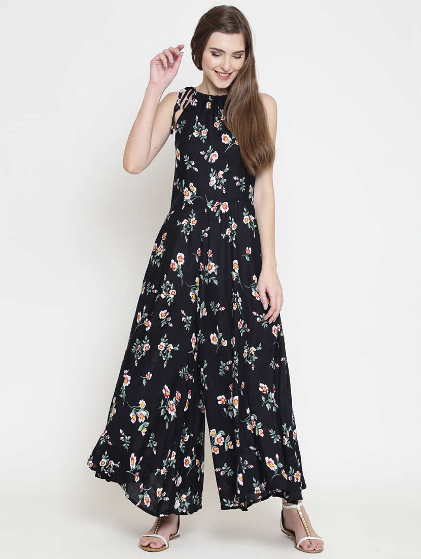 tie knot floral full leg jumpsuit