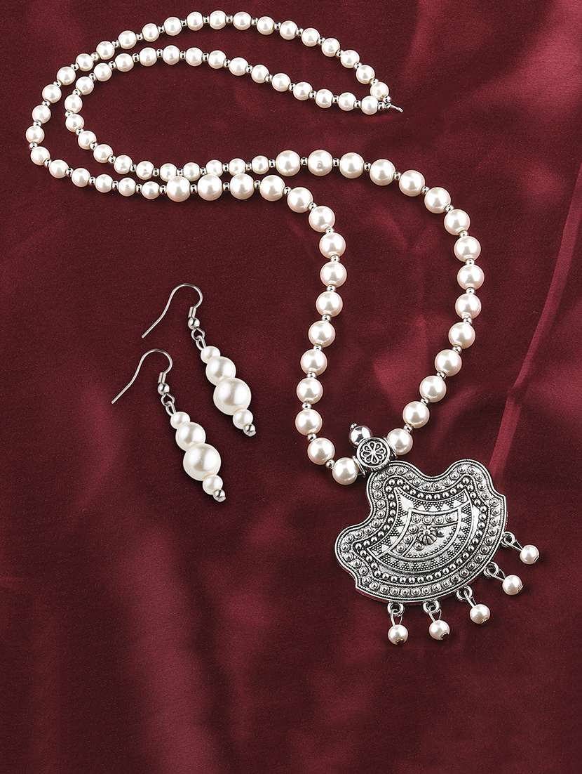 silver plated pearl long pendants with earring