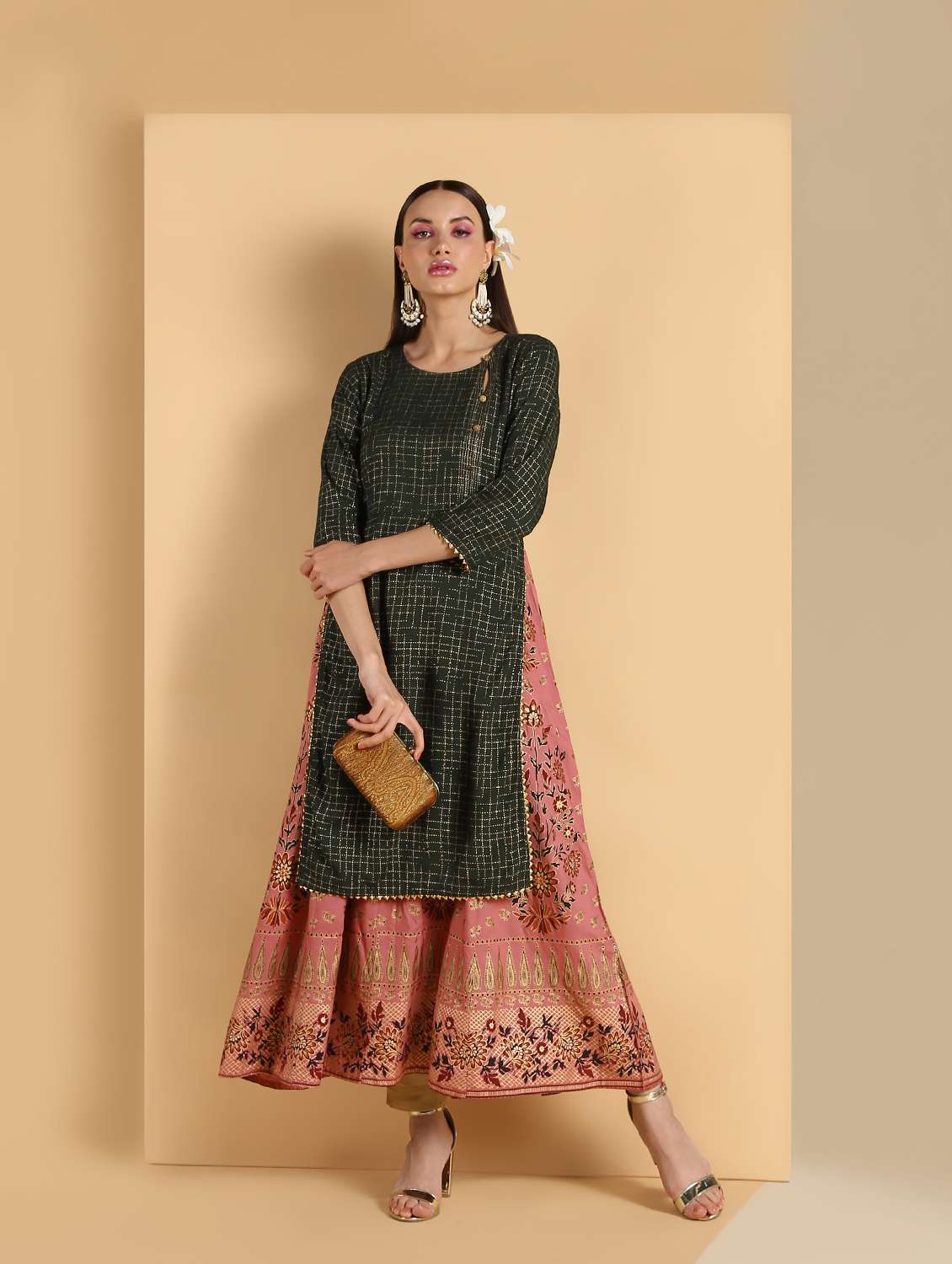 olive gold print layered kurta