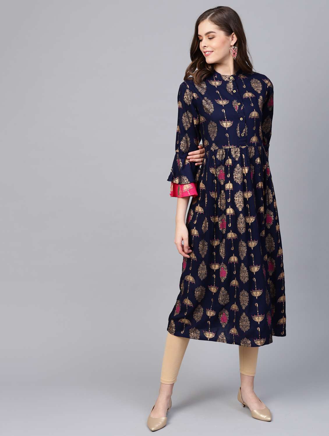 gold printed flared kurta 