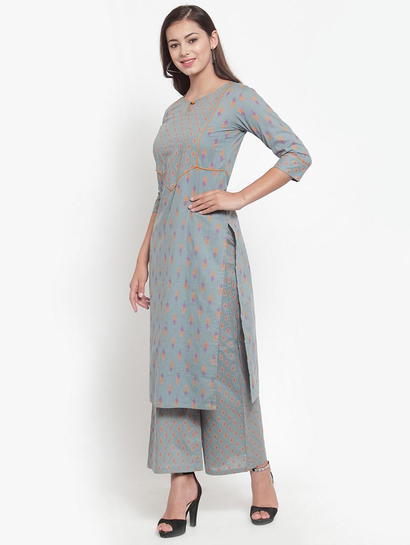 ikat print straight kurta palazzo set - 16666438 - Standard Image - 1