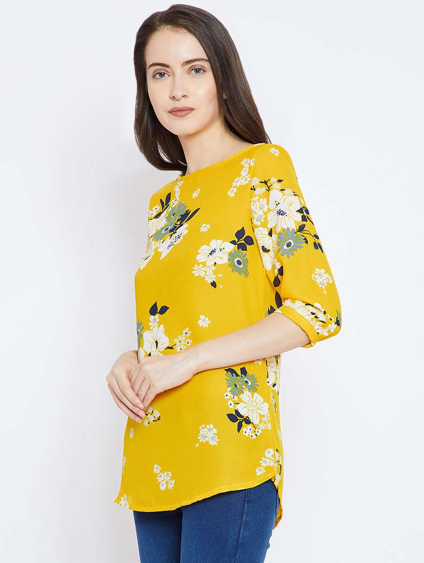 yellow round neck floral print regular tunic - 16670625 -  Standard Image - 1