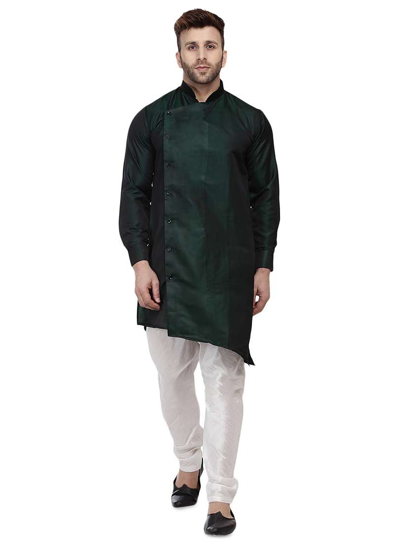 green dupion solid asymmetric kurta