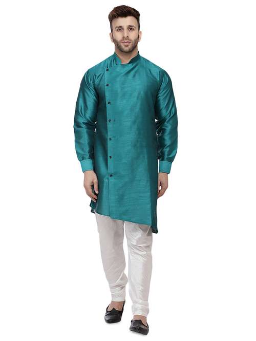 men teal solid asymmetric kurta - 16671763 - Standard Image - 0