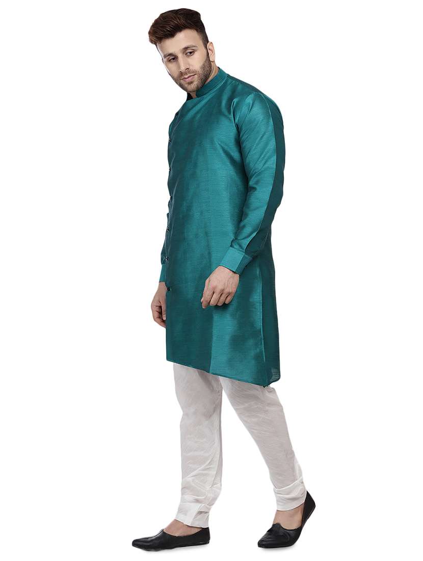 men teal solid asymmetric kurta - 16671763 -  Standard Image - 1