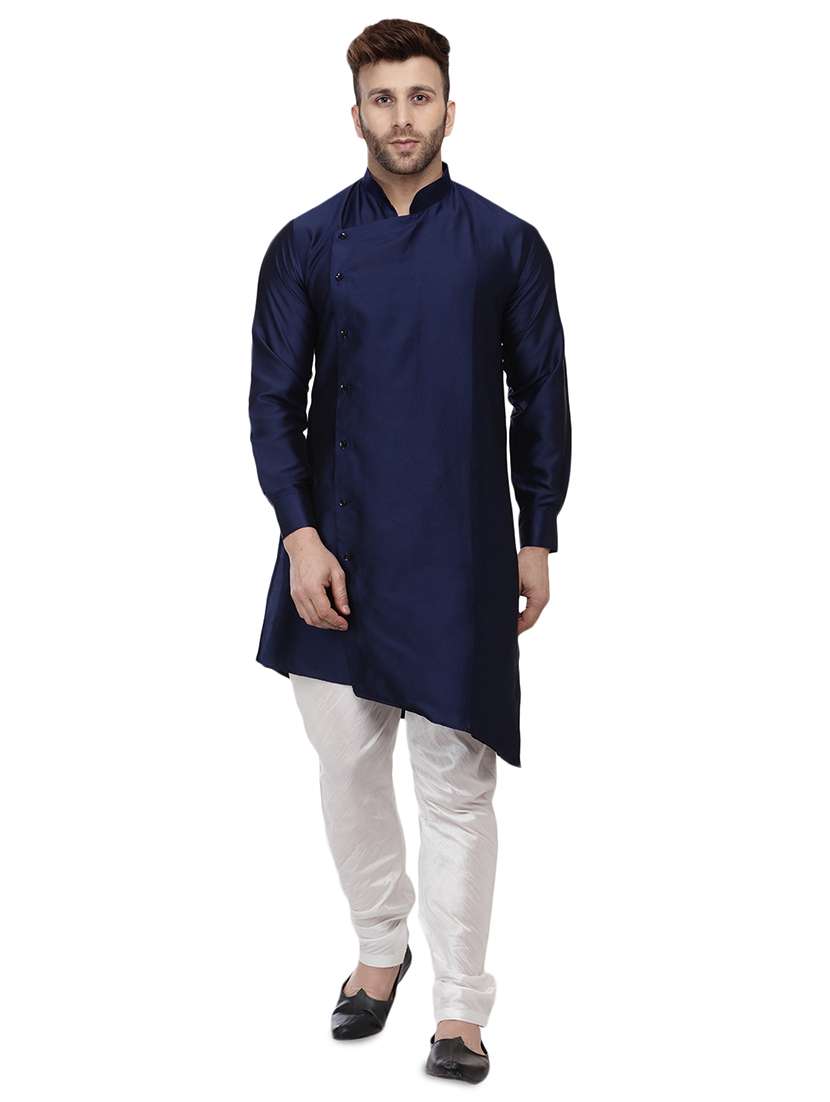 navy blue dupion solid asymmetric kurta - 16671765 - Zoom Image - 0
