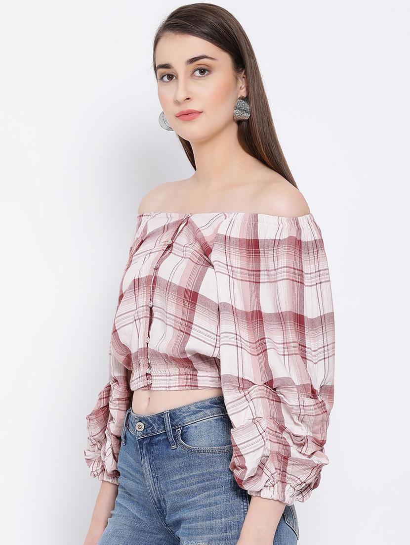 off shoulder gingham top - 16673816 - Standard Image - 1