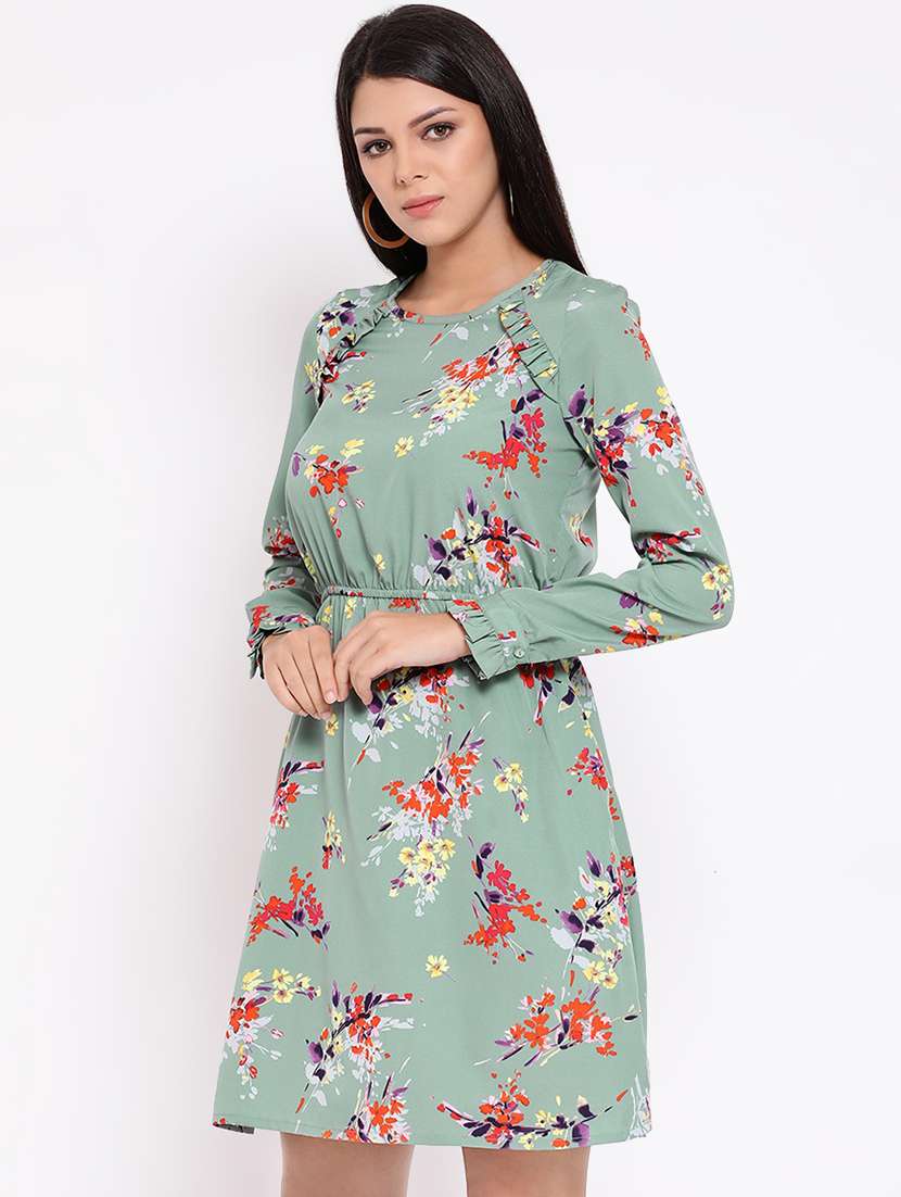 round neck frill trim floral a-line dress - 16673859 -  Standard Image - 1