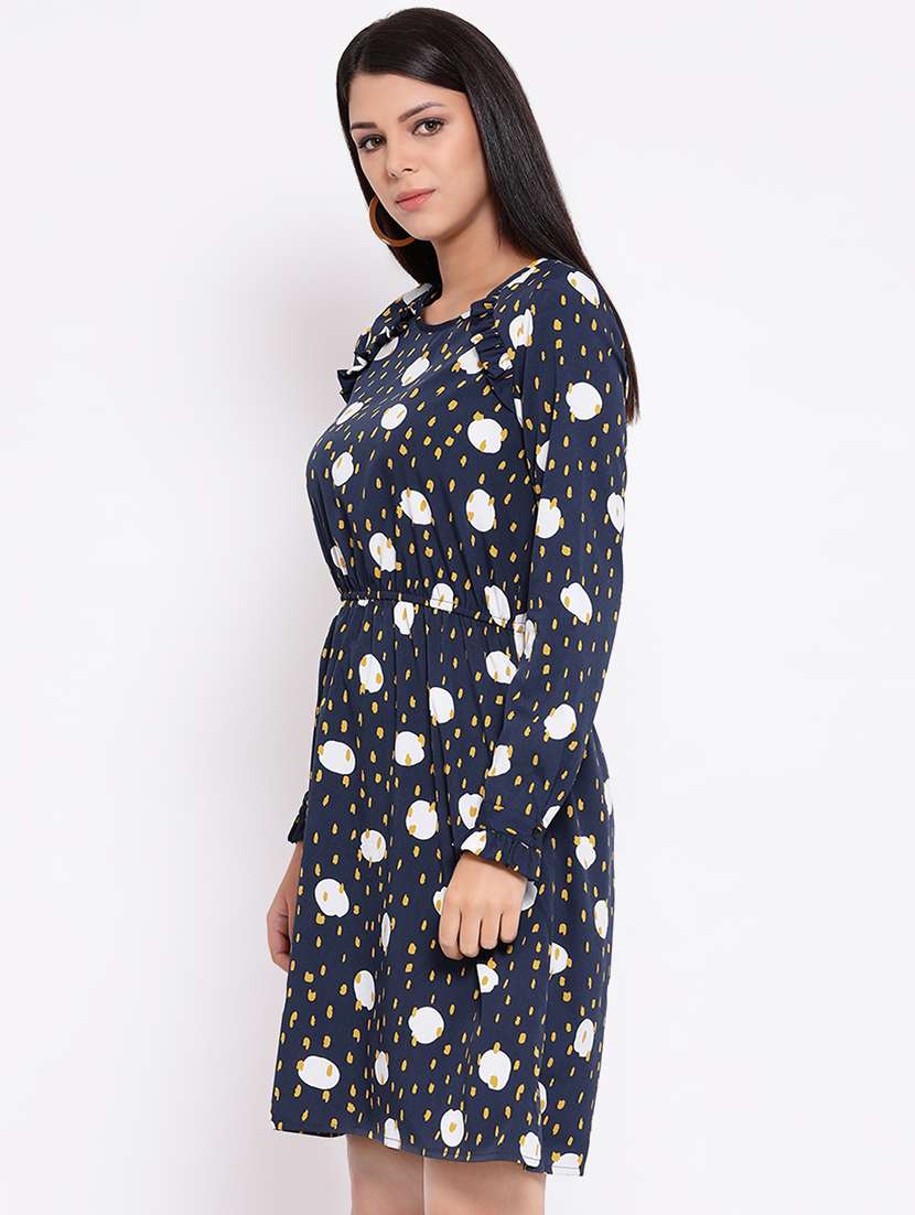 round neck frill trim floral a-line dress - 16673860 -  Standard Image - 1