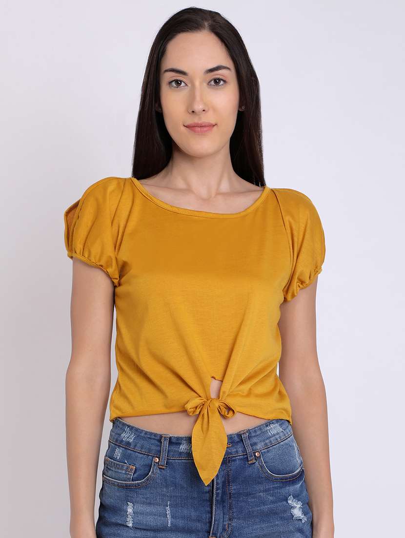 round neck knotted hem crop top