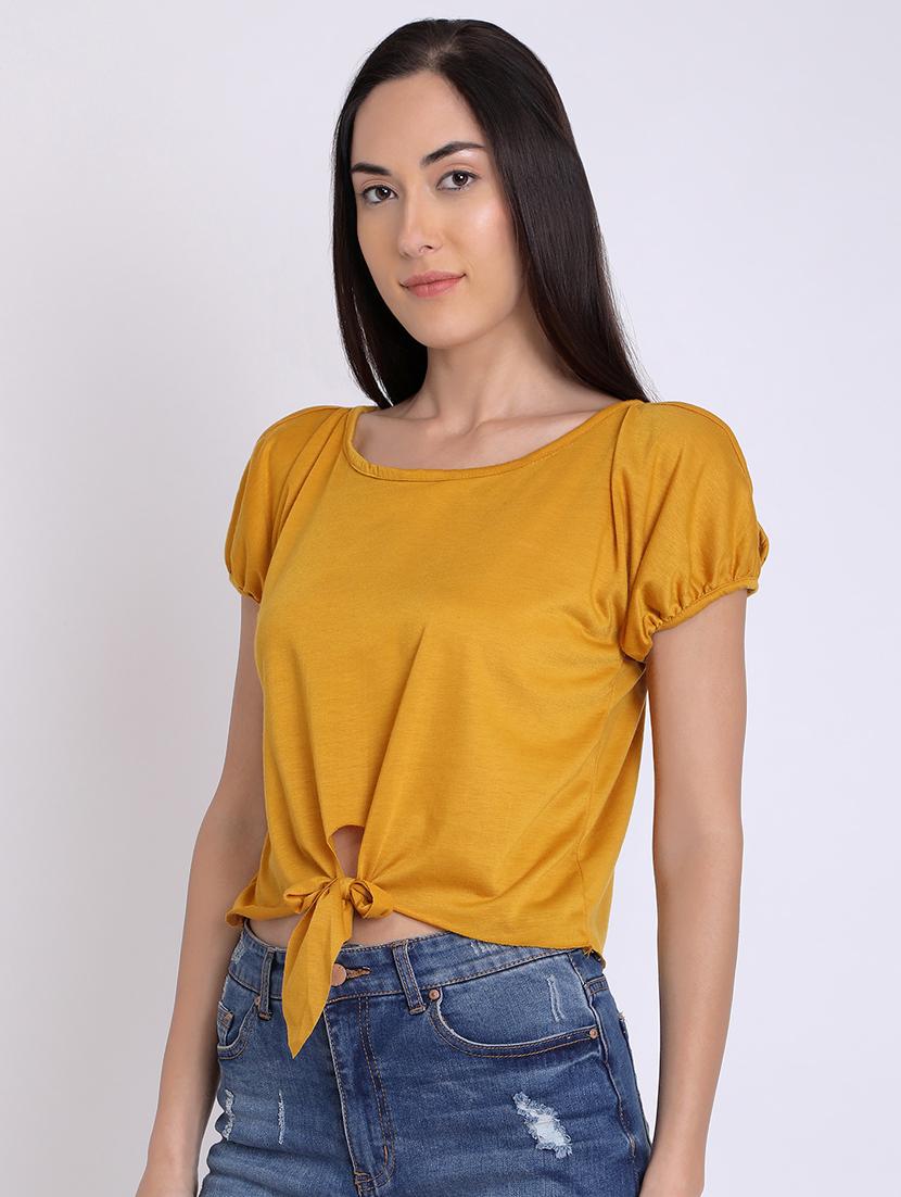 round neck knotted hem crop top - 16675217 - Standard Image - 1