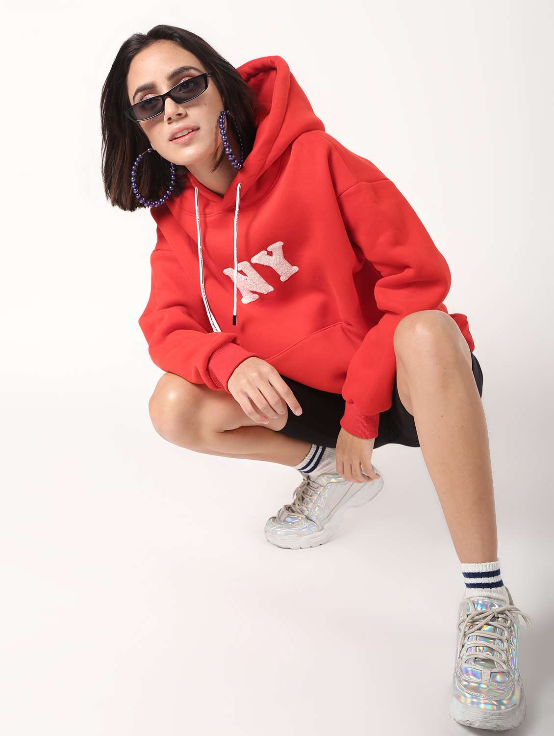 drop shoulder hooded fleece pullover