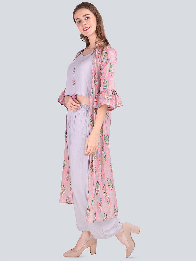 embroidered top palazzo with floral printed jacket set - 16677553 - Standard Image - 1