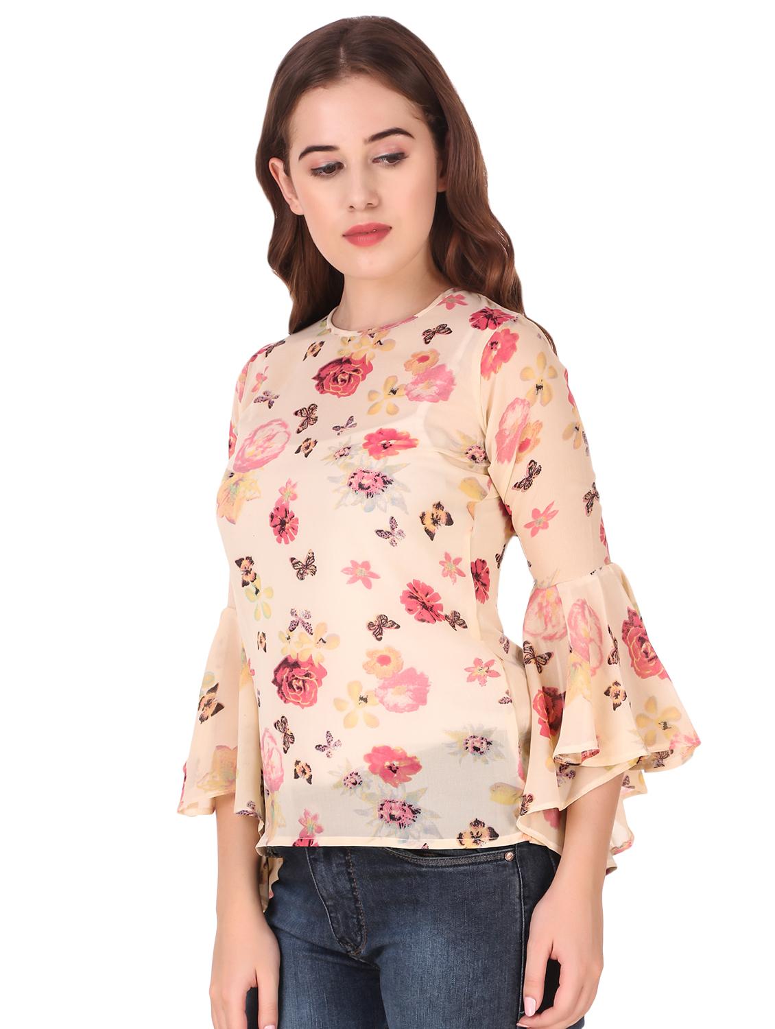 round neck bell sleeved floral top - 16677909 -  Standard Image - 1