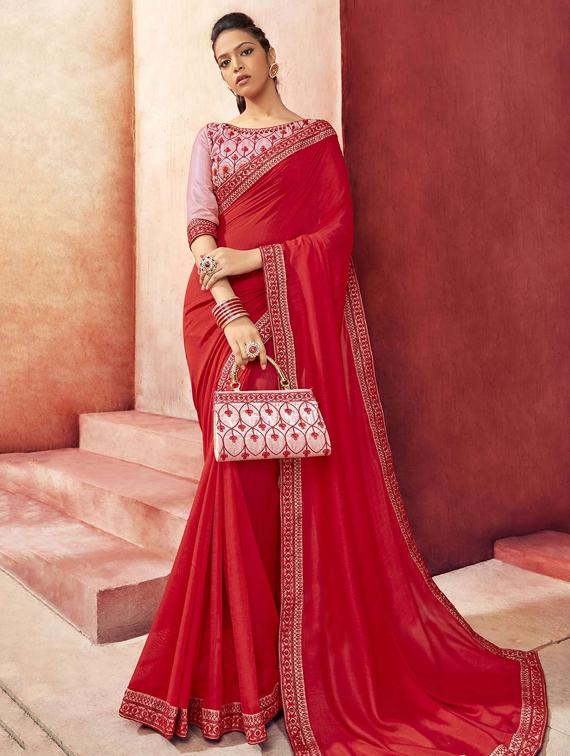 solid bordered saree with blouse