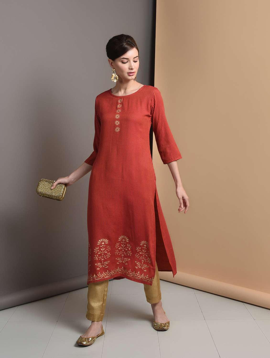 gold print straight kurta