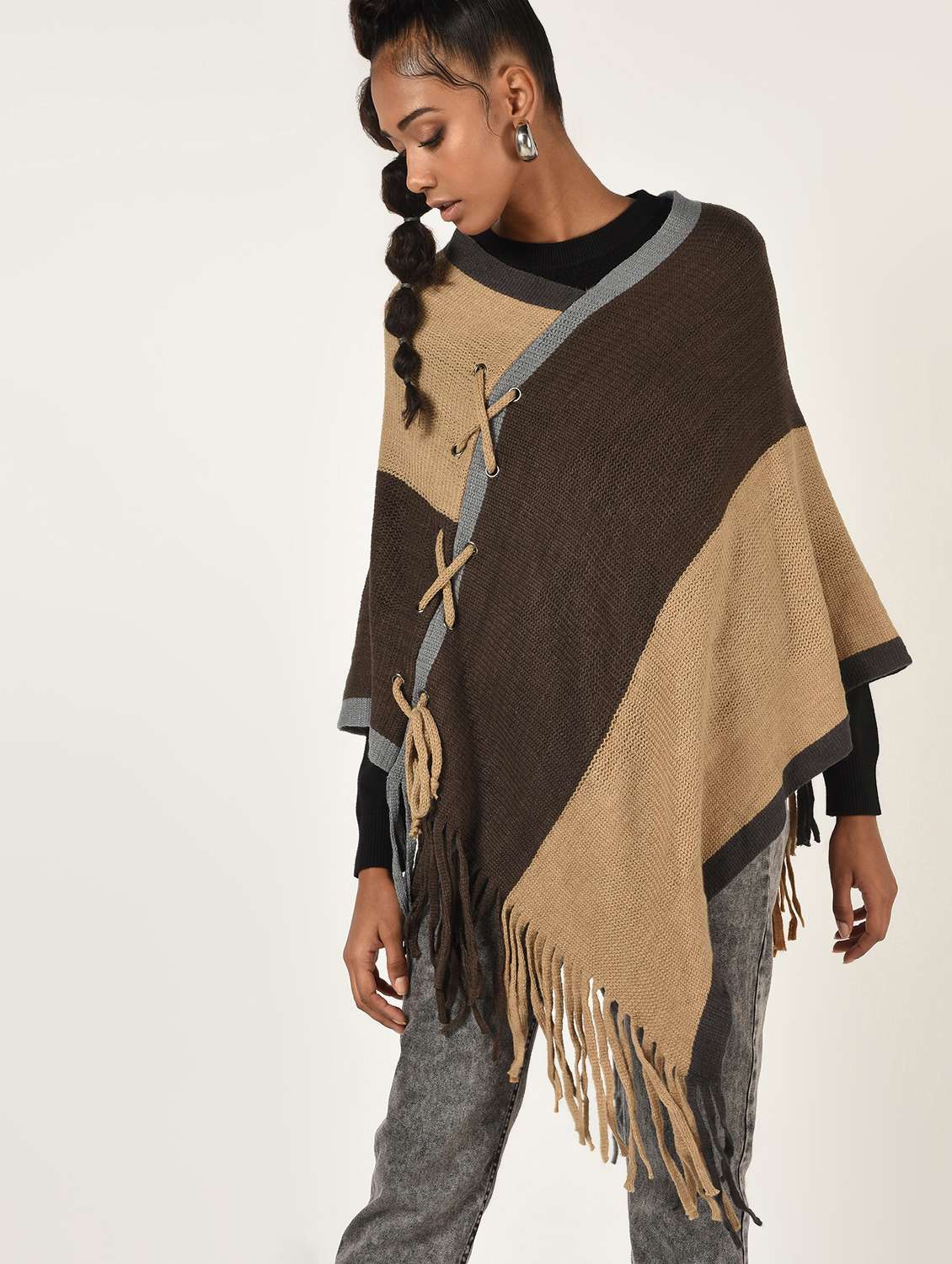 round neck fringe hem wool poncho