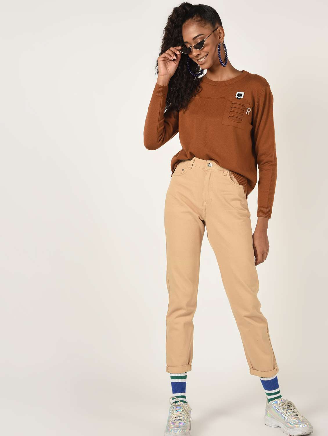 crew neck rip detail pocket detail wool blend pullover