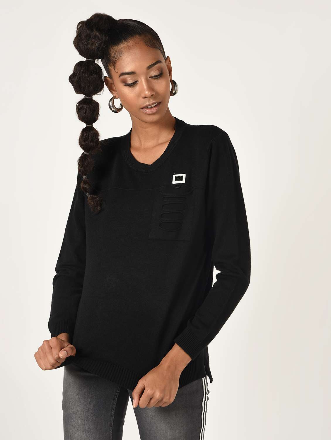 long sleeved ripped pocket wool blend pullover