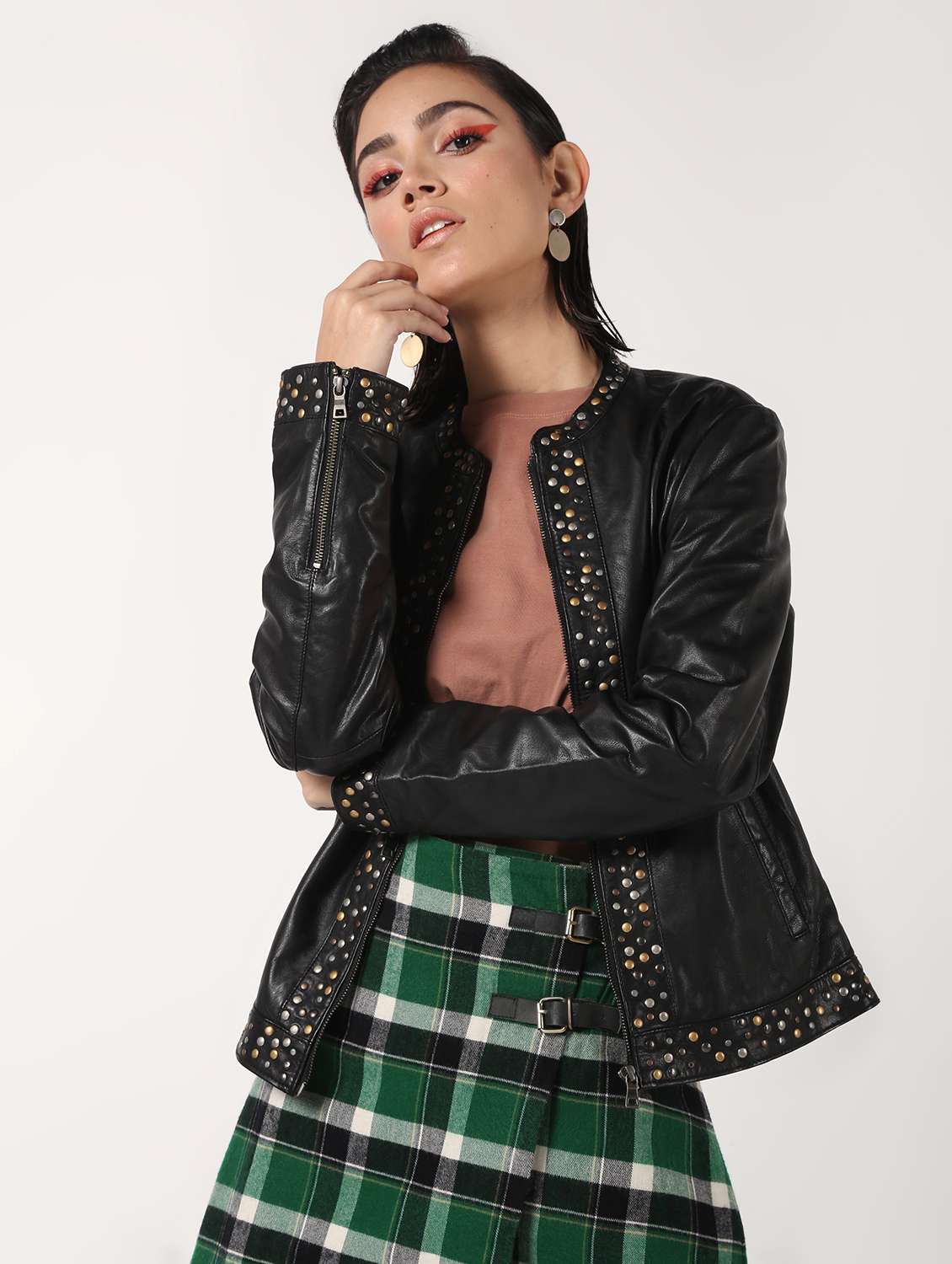 pocket detail long sleeved leather jacket