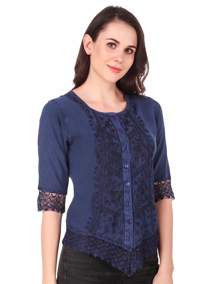 round neck embroidered laced detai top - 16684366 - Standard Image - 1