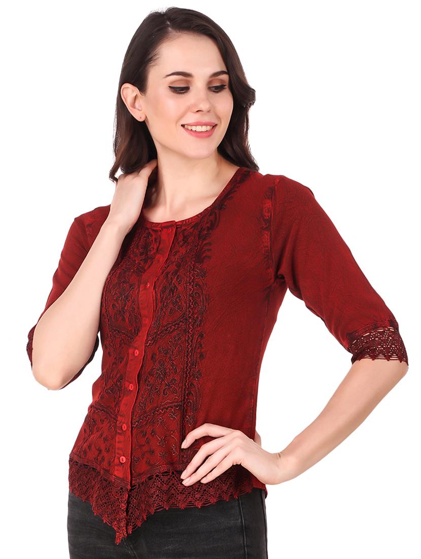 round neck embroidered laced detai top - 16684368 - Standard Image - 1