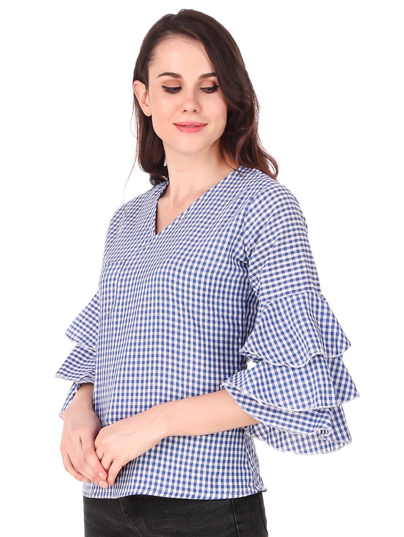 v neck bell sleeved gingham top - 16684370 - Standard Image - 1