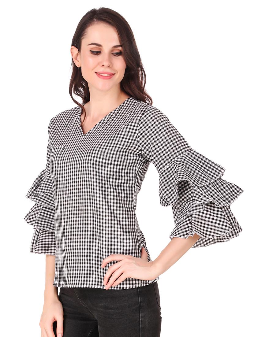 v neck bell sleeved gingham top - 16684371 - Standard Image - 1