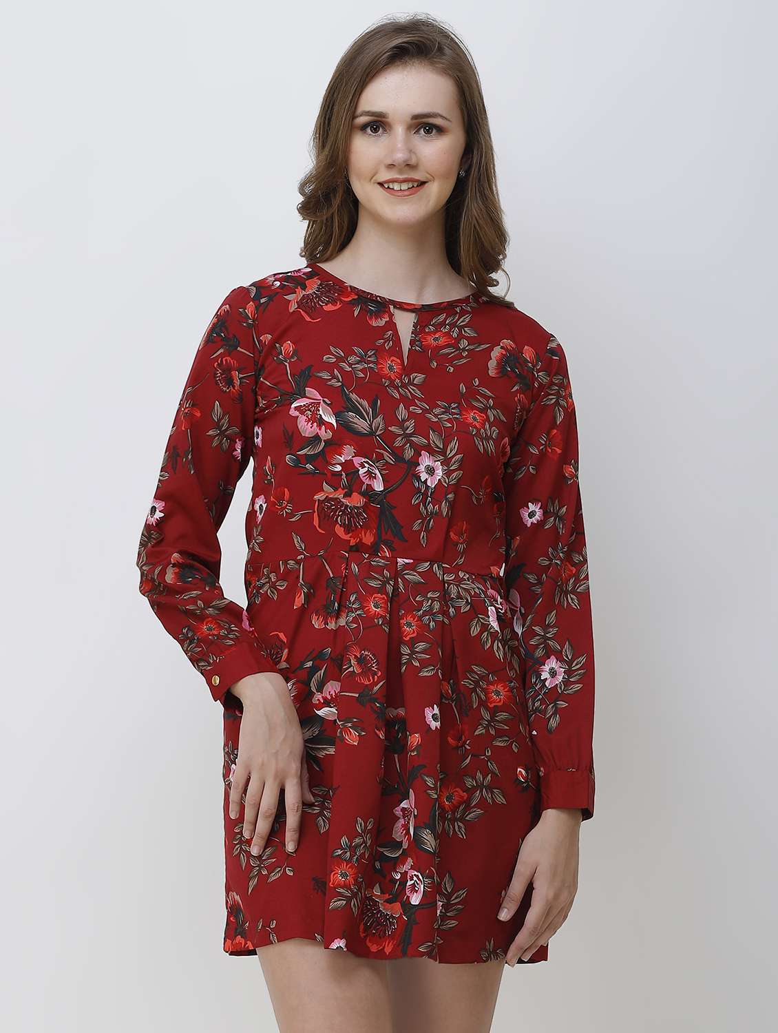 keyhole pleated floral dress