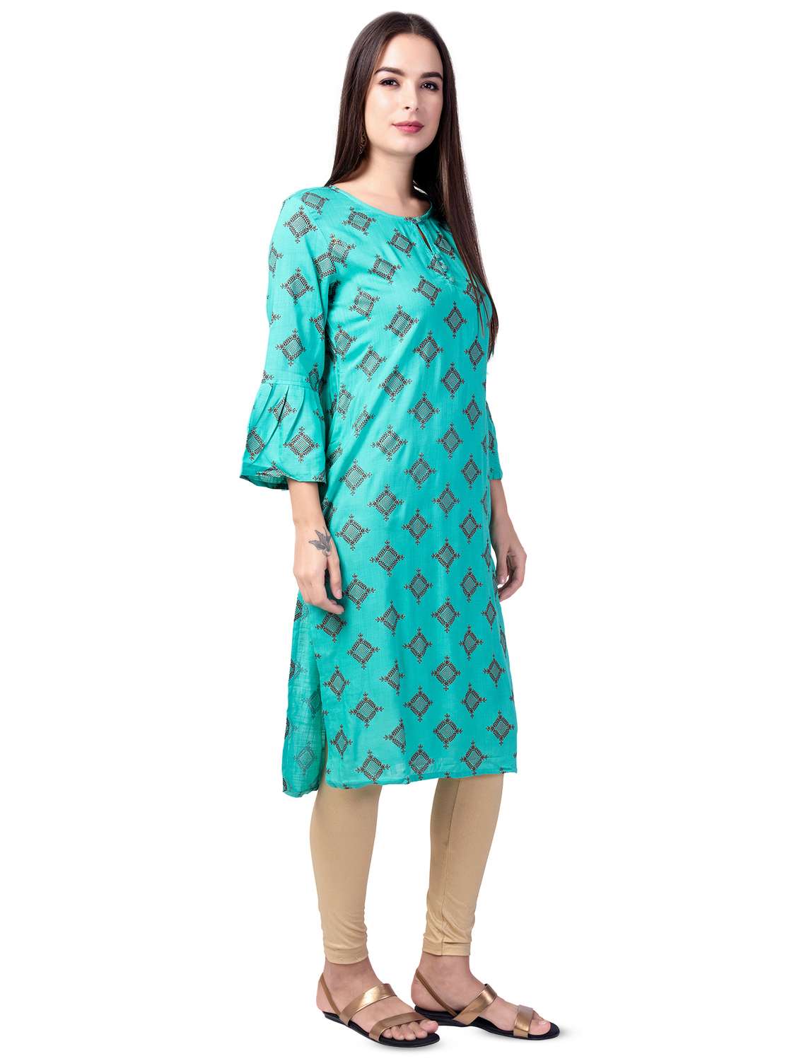 turquoise printed straight kurta - 16695476 - Standard Image - 1